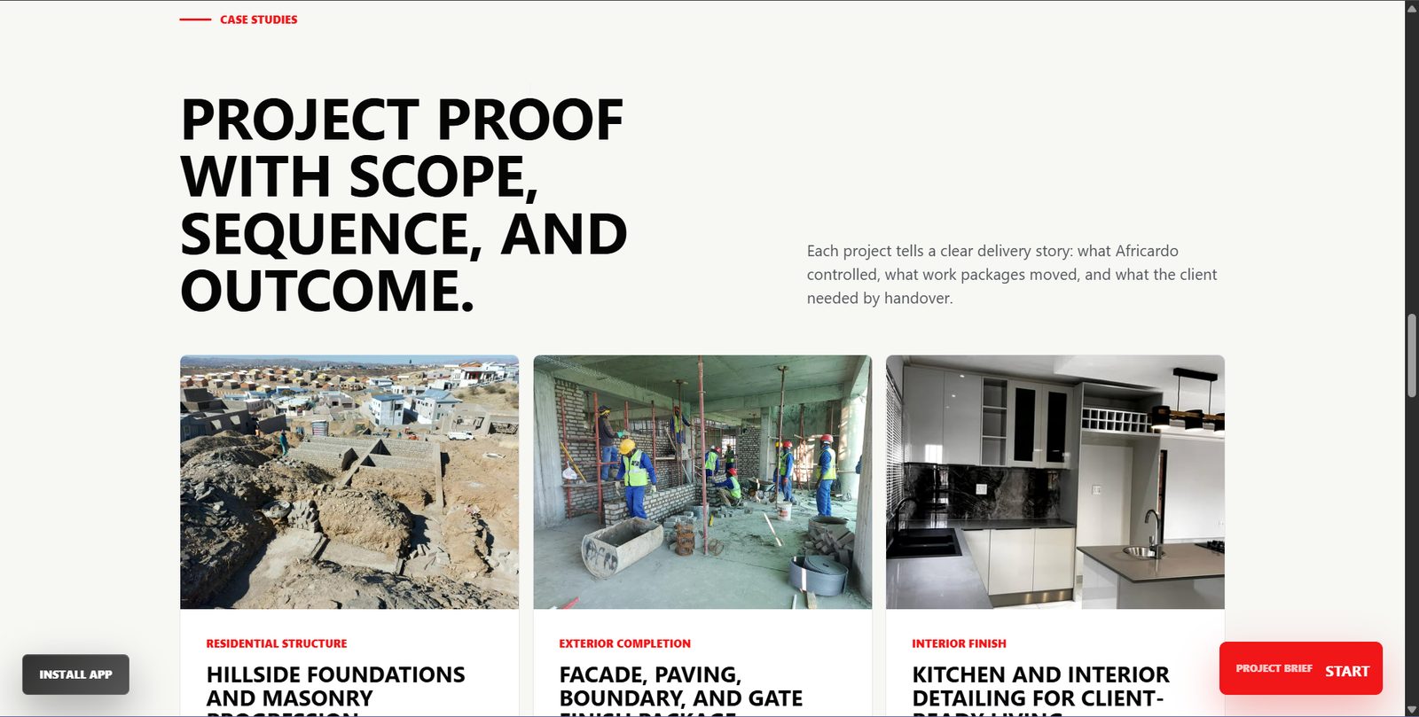 Africardo Construction case studies website section preview