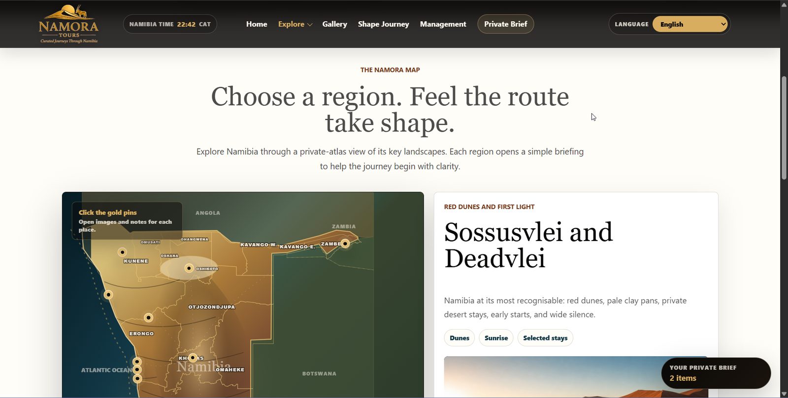 Namora Tours website map section preview